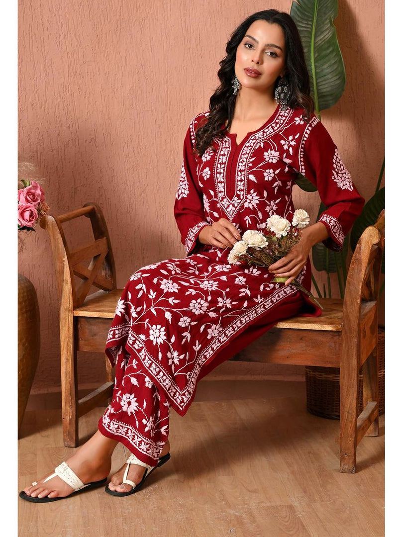 Gulfam Rayon Long Chikankari Kurti Set