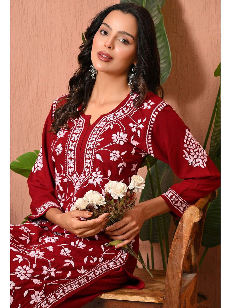 Gulfam Rayon Long Chikankari Kurti Set