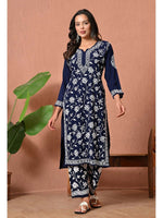Load image into Gallery viewer, Gulfam Rayon Long Chikankari Kurti Set Navy Blue