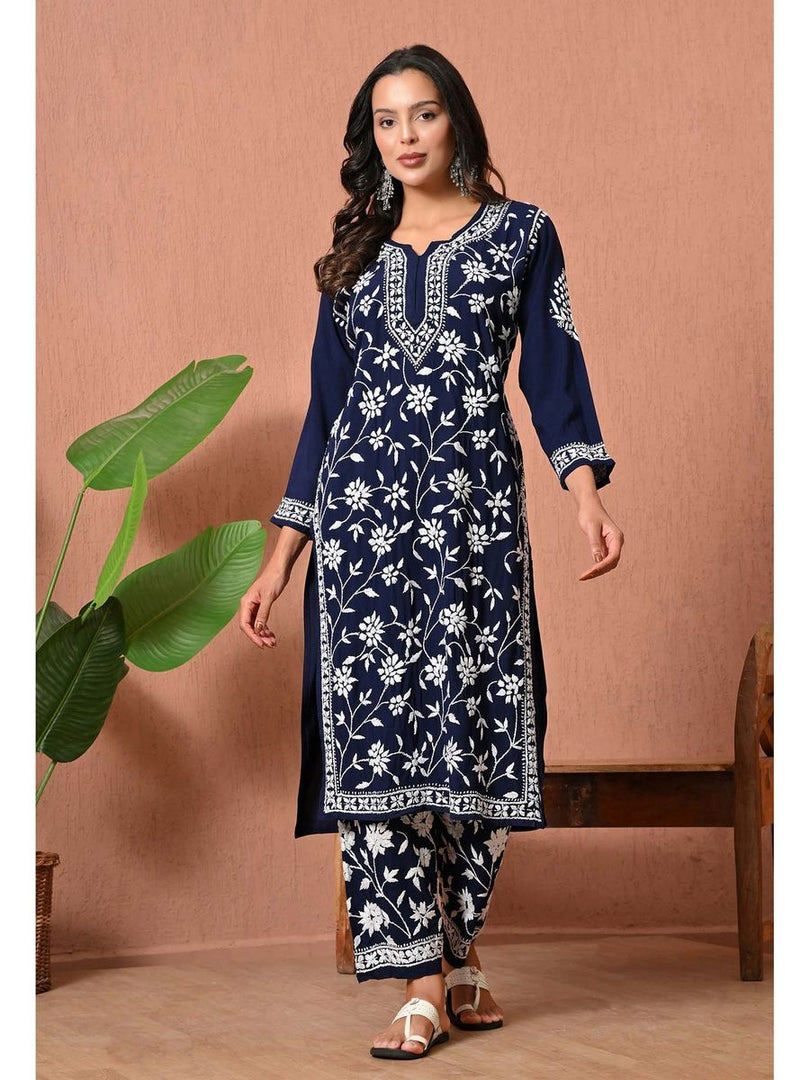 Gulfam Rayon Long Chikankari Kurti Set Navy Blue