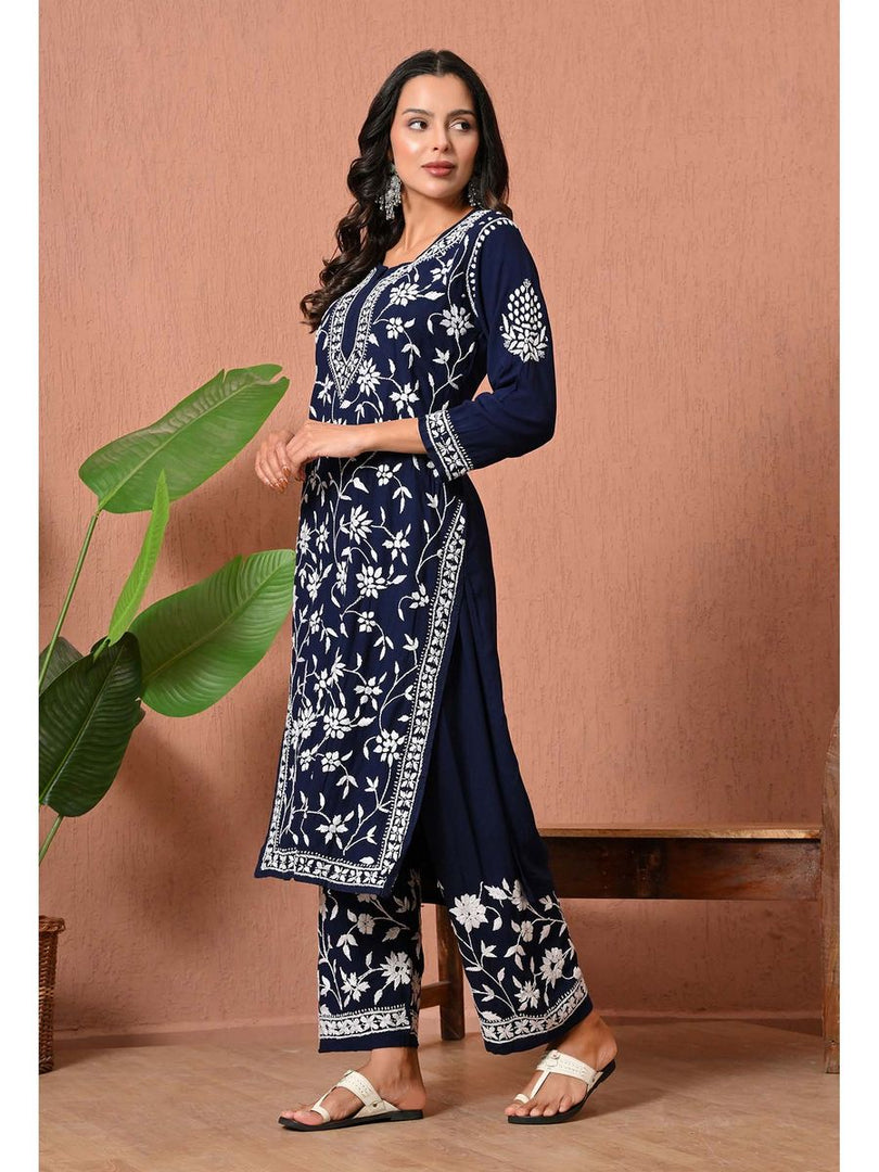 Gulfam Rayon Long Chikankari Kurti Set