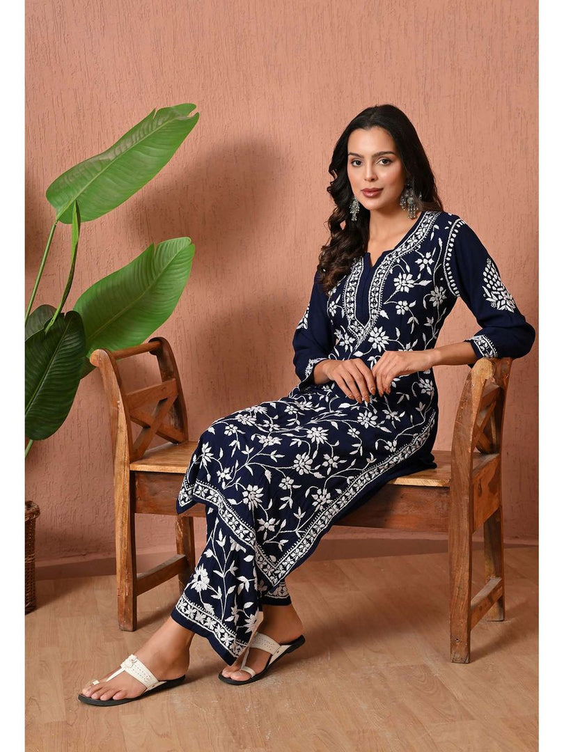 Gulfam Rayon Long Chikankari Kurti Set