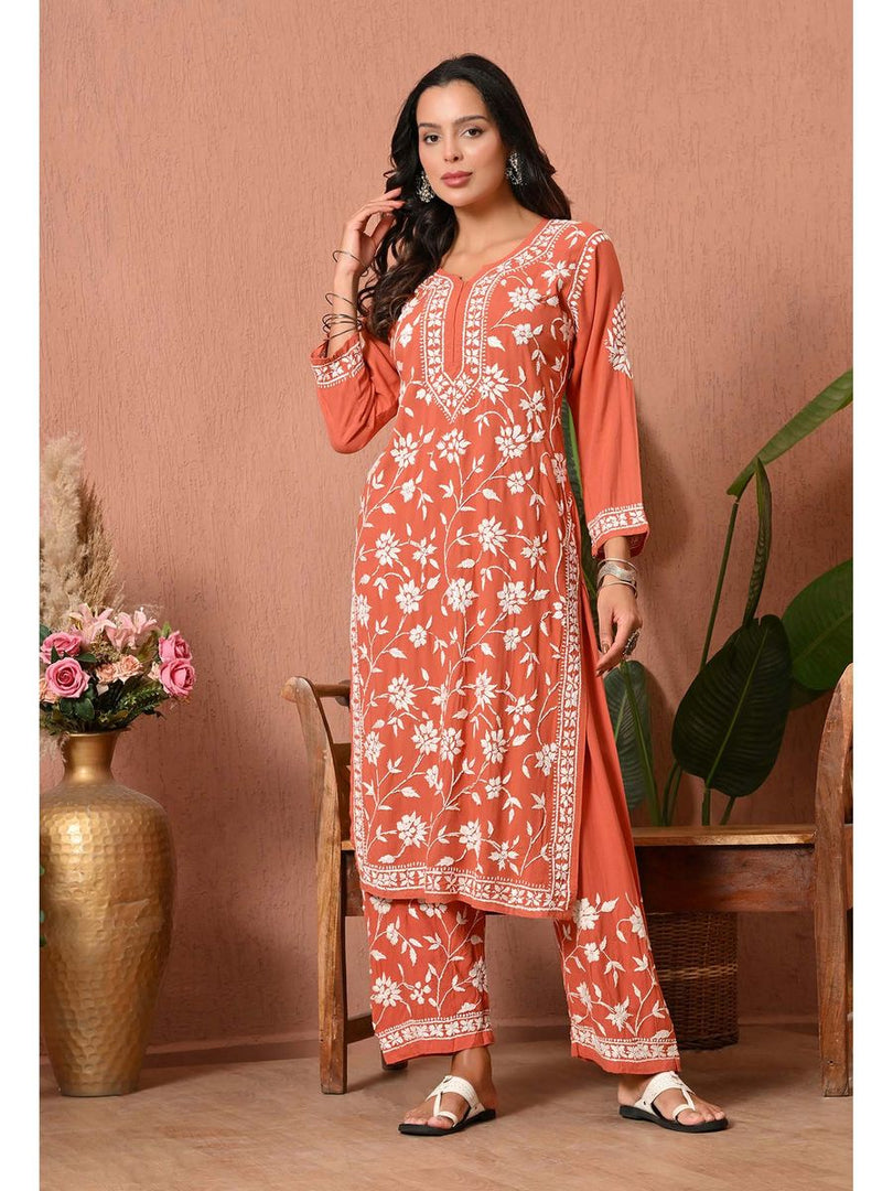 Gulfam Rayon Long Chikankari Kurti Set Coral Peach