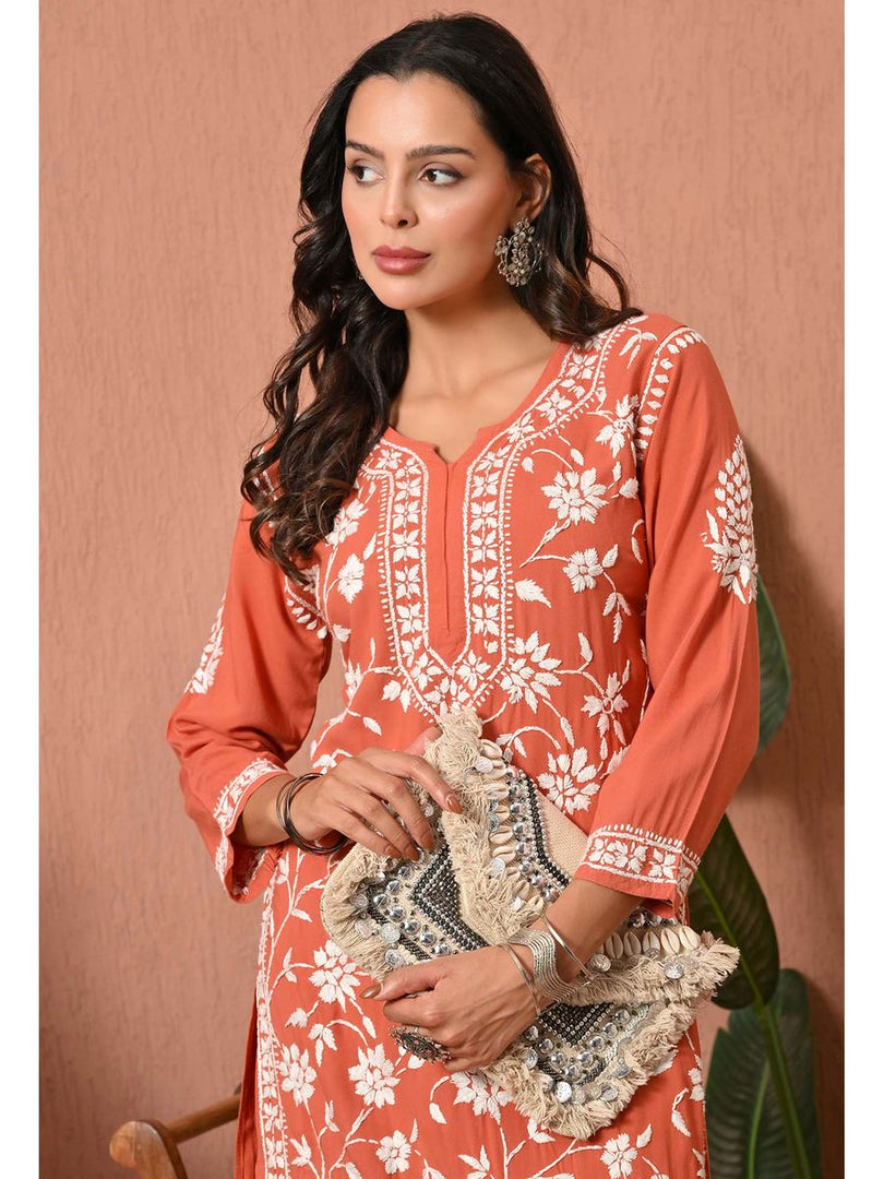 Gulfam Rayon Long Chikankari Kurti Set