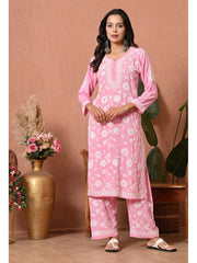 Gulfam Rayon Long Chikankari Kurti Set Baby Pink