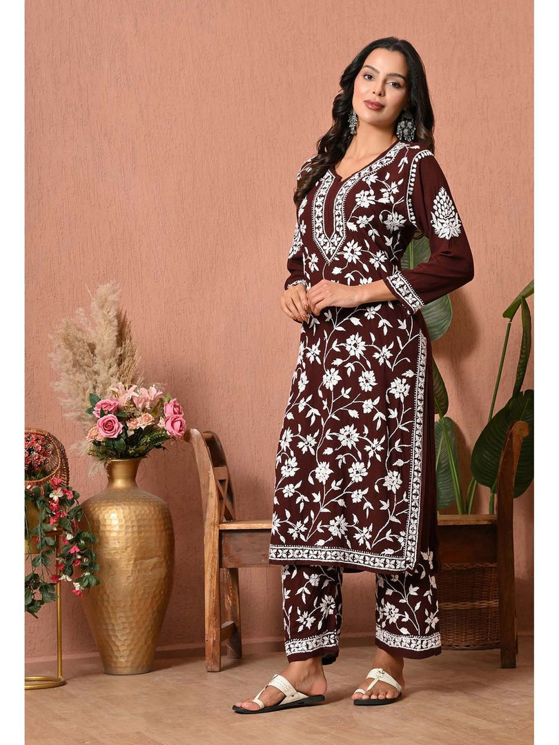 Gulfam Rayon Long Chikankari Kurti Set