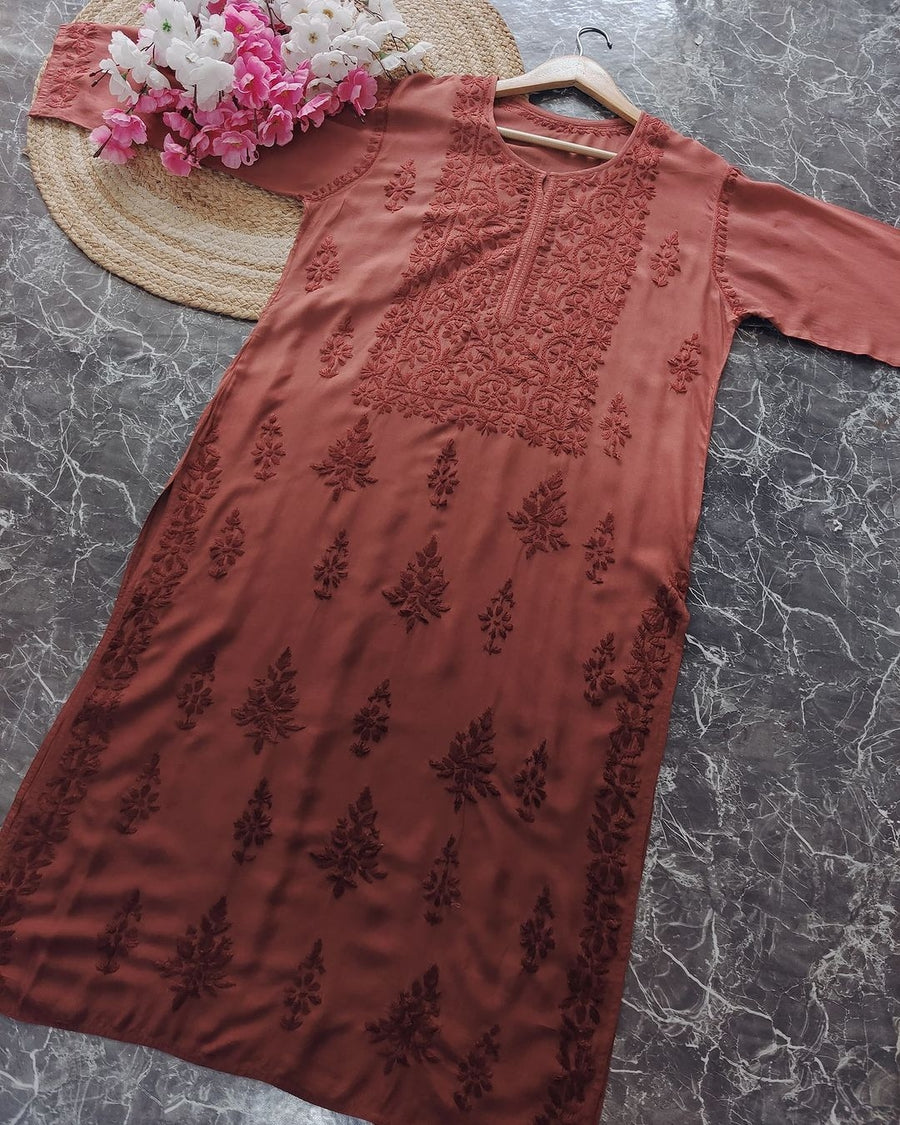 Diva Dyed Chikankari Long Kurta Brown