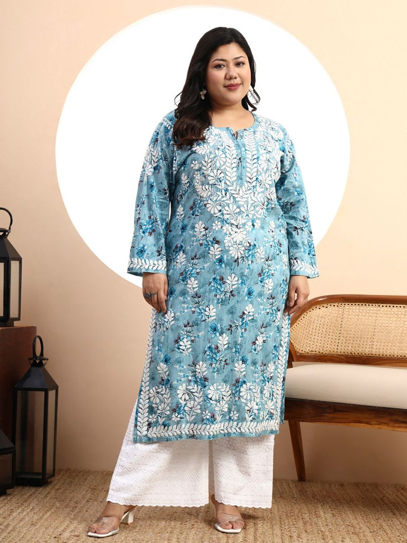 Safak Mul Chikankari Plus Size Kurti Sea-Green