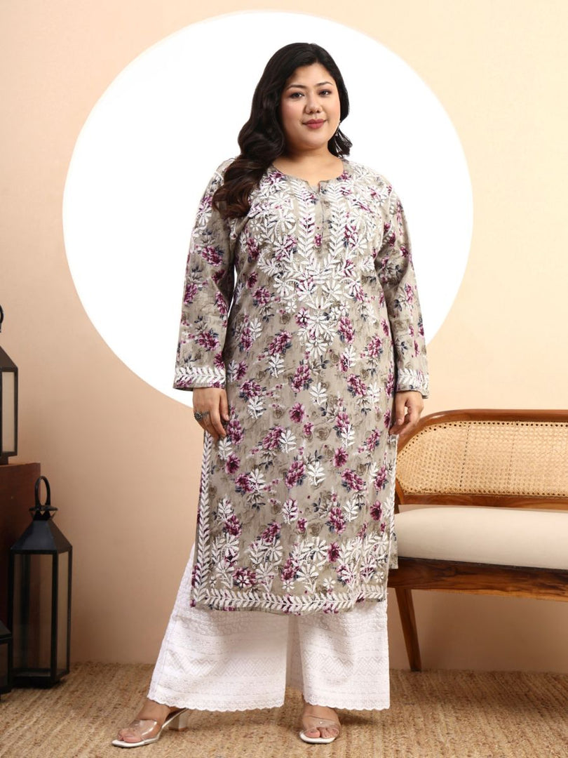 Safak Mul Chikankari Plus Size Kurti Beige
