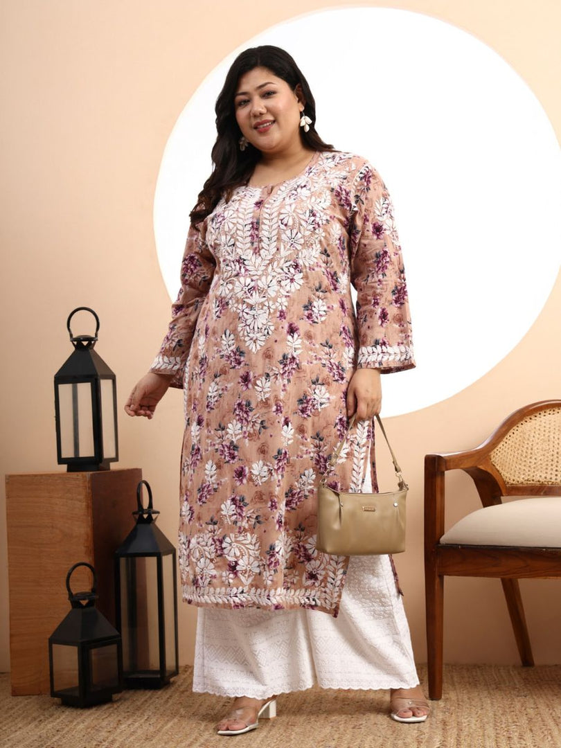 Safak Mul Chikankari Plus Size Kurti Peach