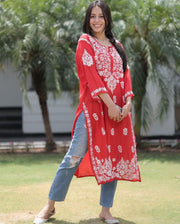 Najuk Modal Chikankari Straight Kurti Red