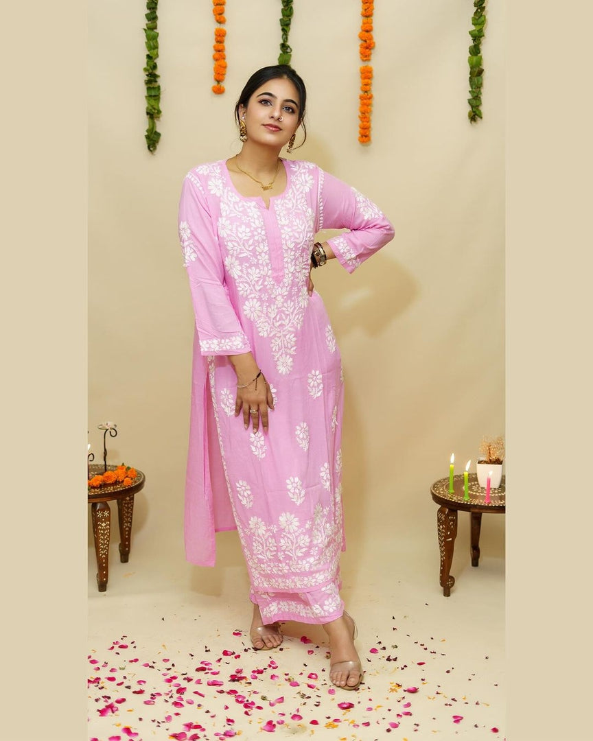 Lali Modal Chikankari Kurti Set Baby-Pink
