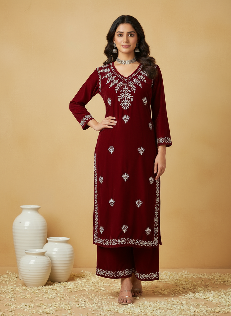Ojhal Velvet Chikankari Kurti Pallazo Set
