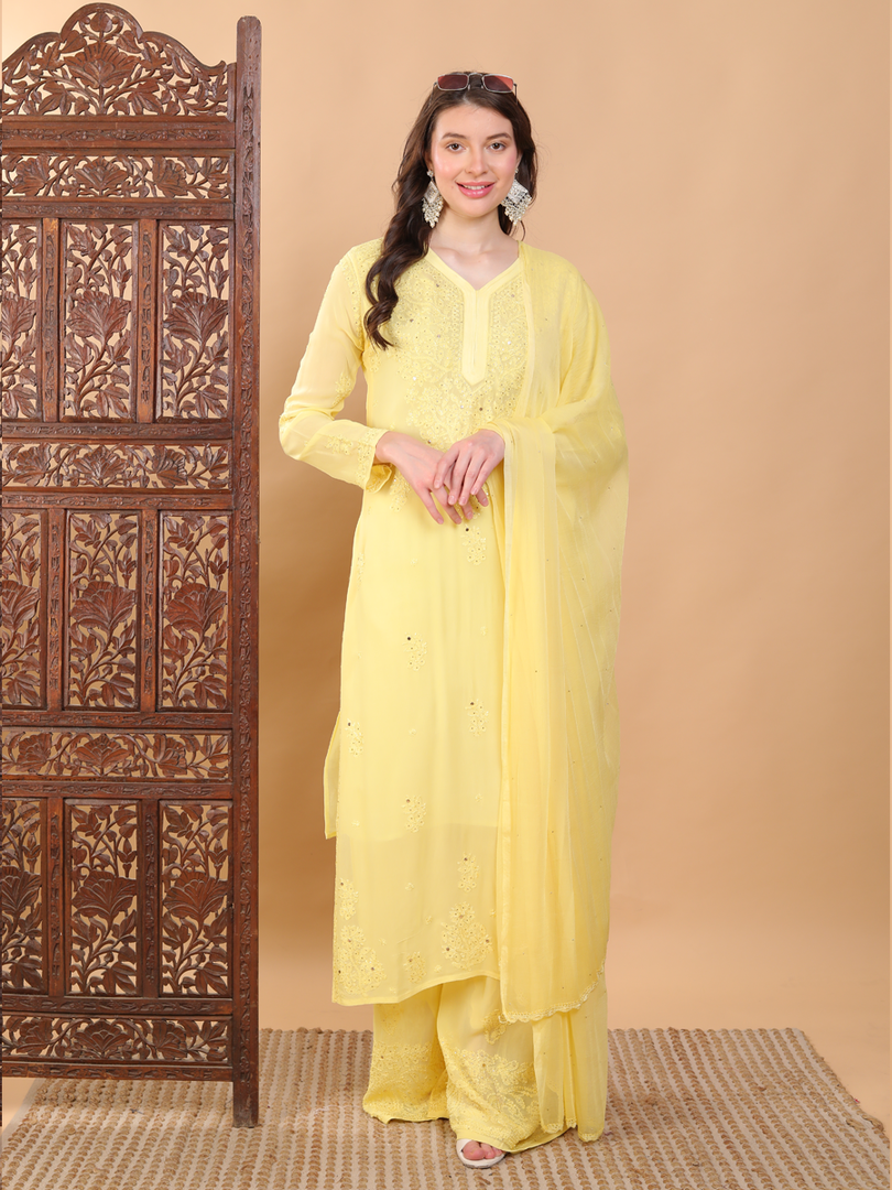 Surmai Premium Chikankari Viscose Mukaish Kurti Set Lemon Yellow