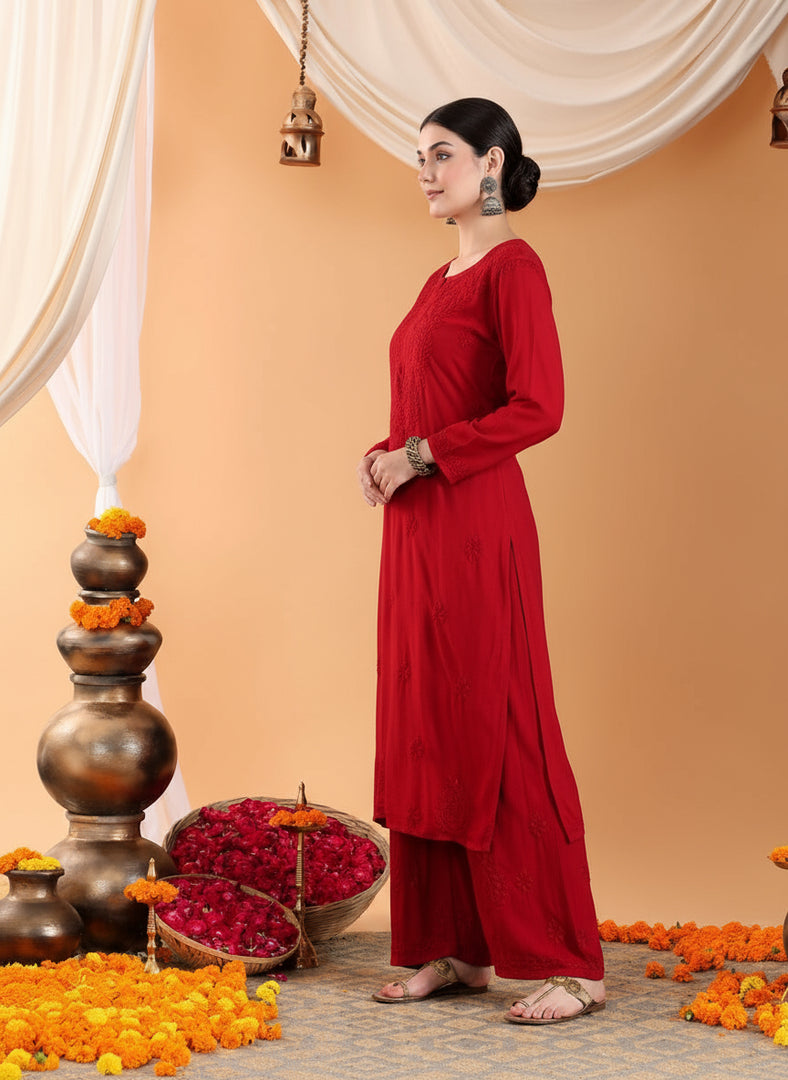 Karry Rayon Chikankari Kurti Pallazo Set