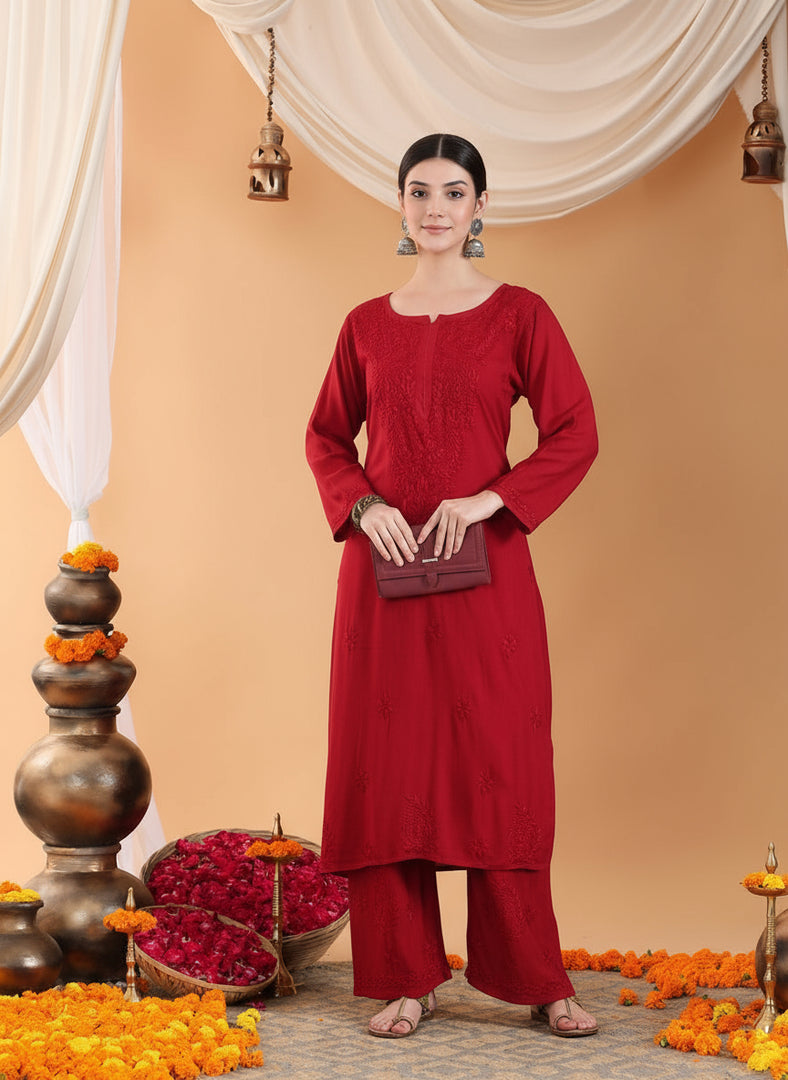Karry Rayon Chikankari Kurti Pallazo Set