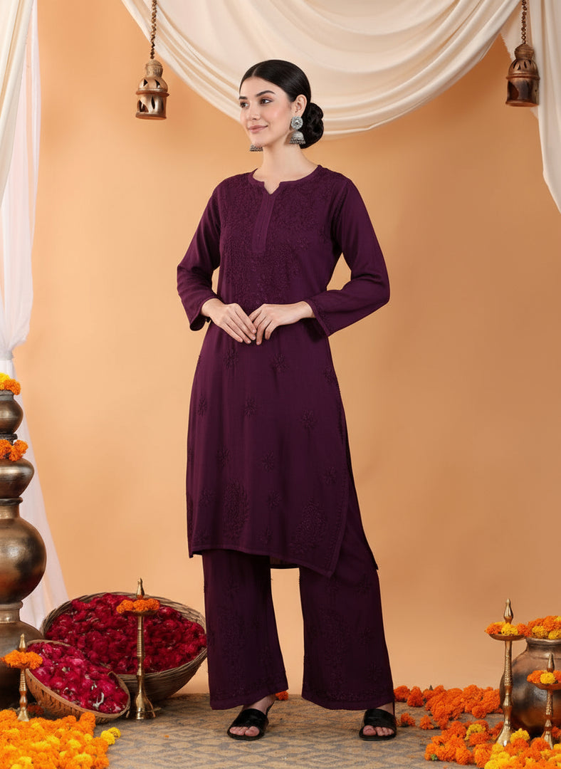 Karry Rayon Chikankari Kurti Pallazo Set