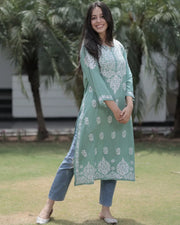 Najuk Modal Chikankari Straight Kurti Teal-Green