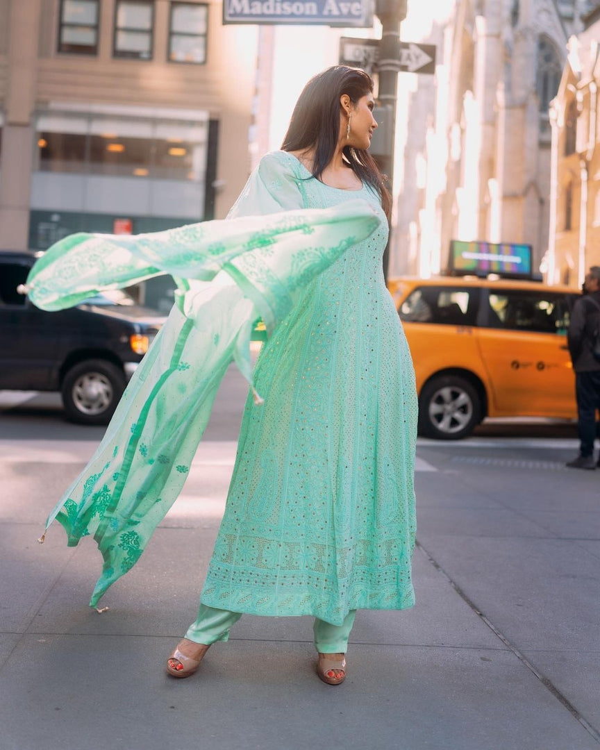 Shagun Viscose Heavy Anarkali & Dupatta Set Sea-Green