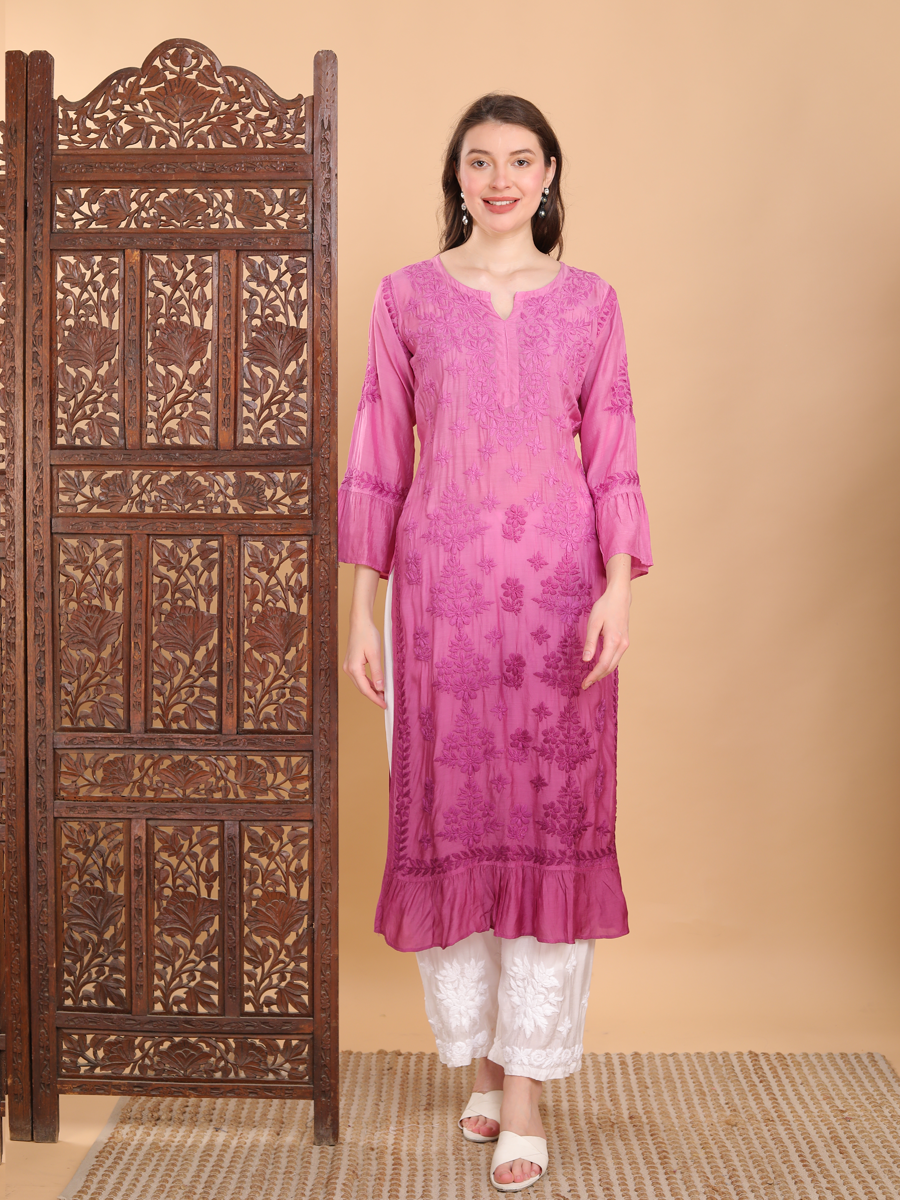 Madhuri Muslin Frill Chikankari Kurti Plum