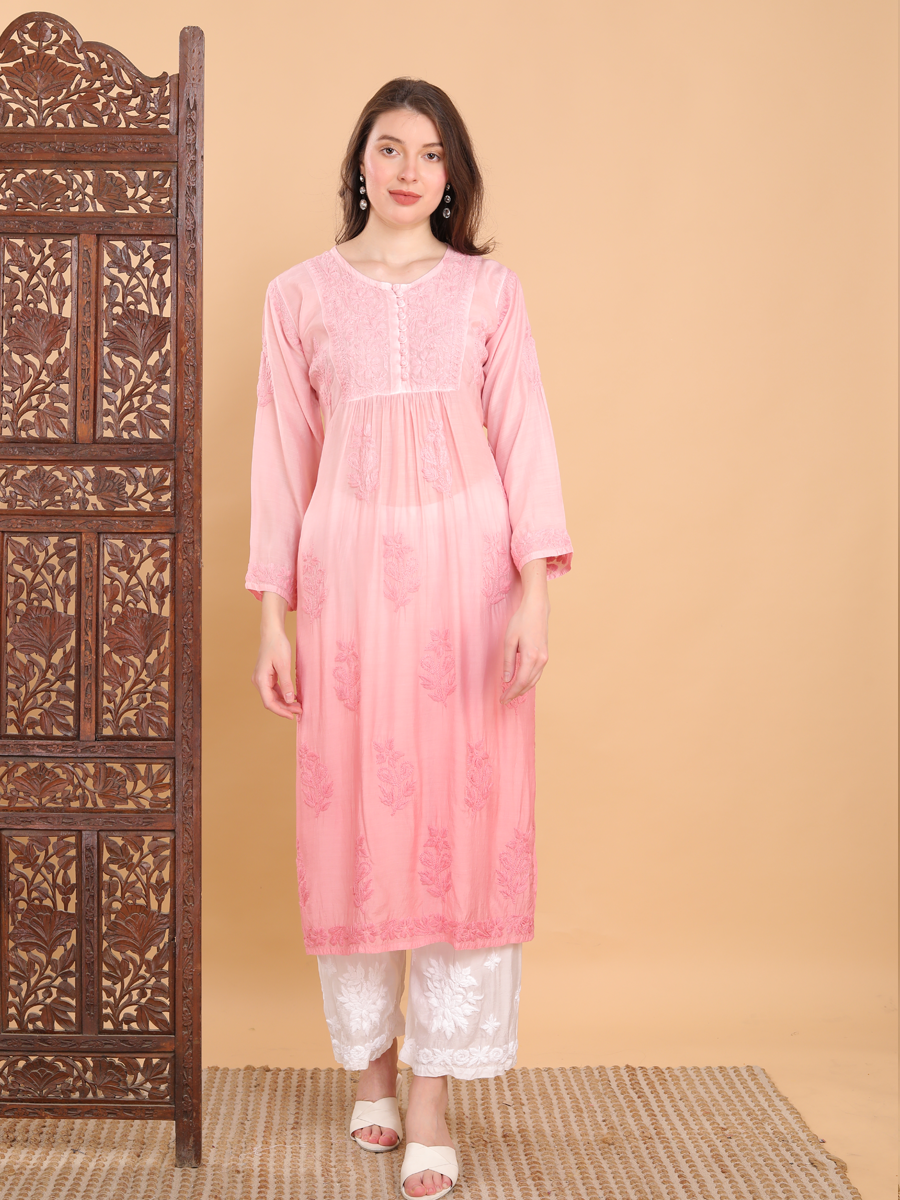 Nayab Nyra Cut Chikankari Kurti Rose Gold