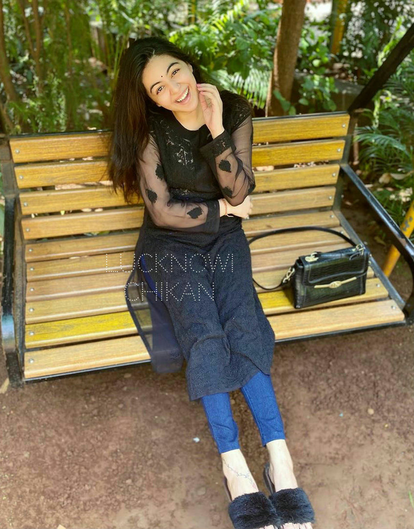 Zara Black Georgette Chikankari Long Kurti