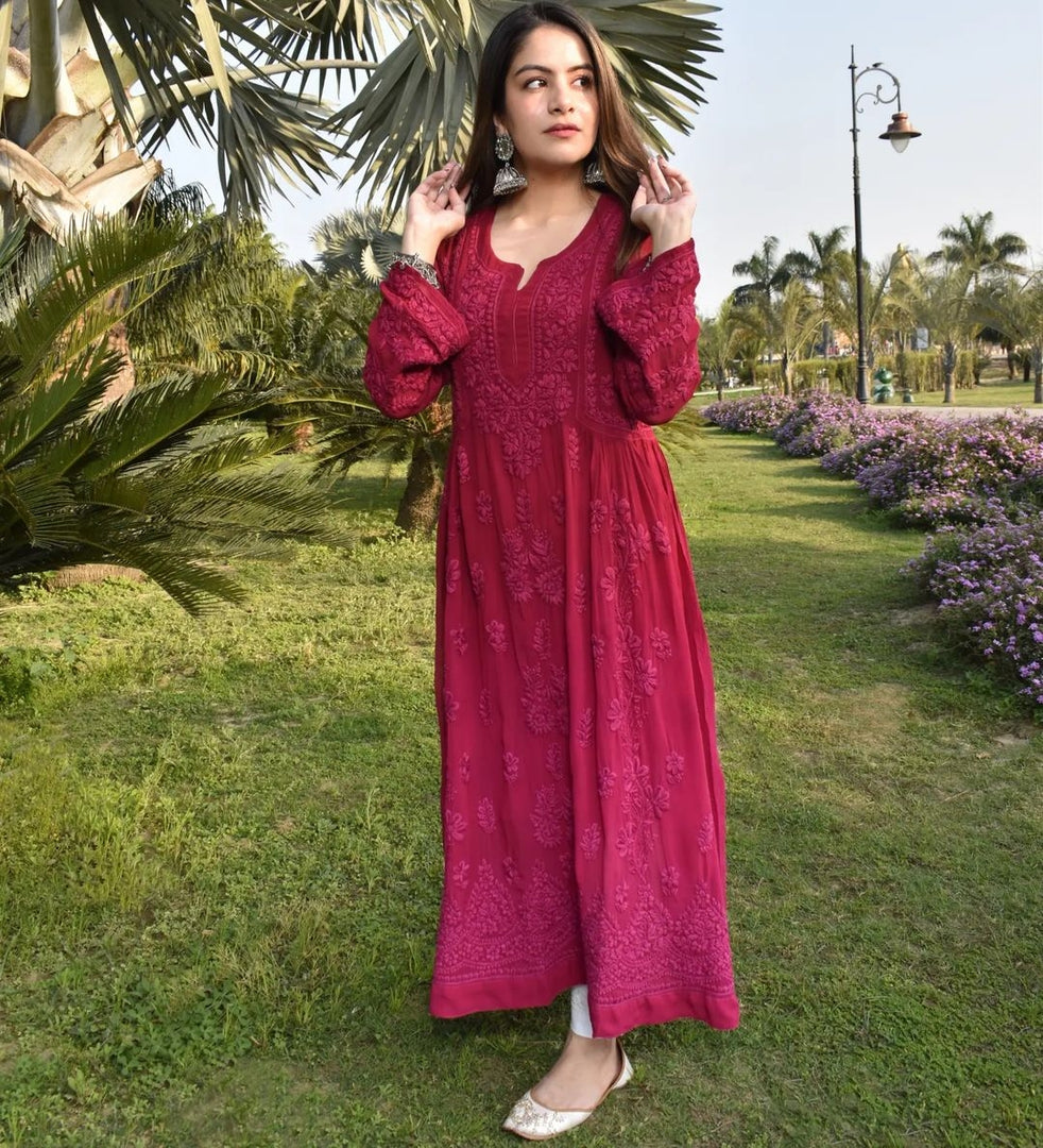 Sneh Premium Viscose Chikankari Gown Maroon M