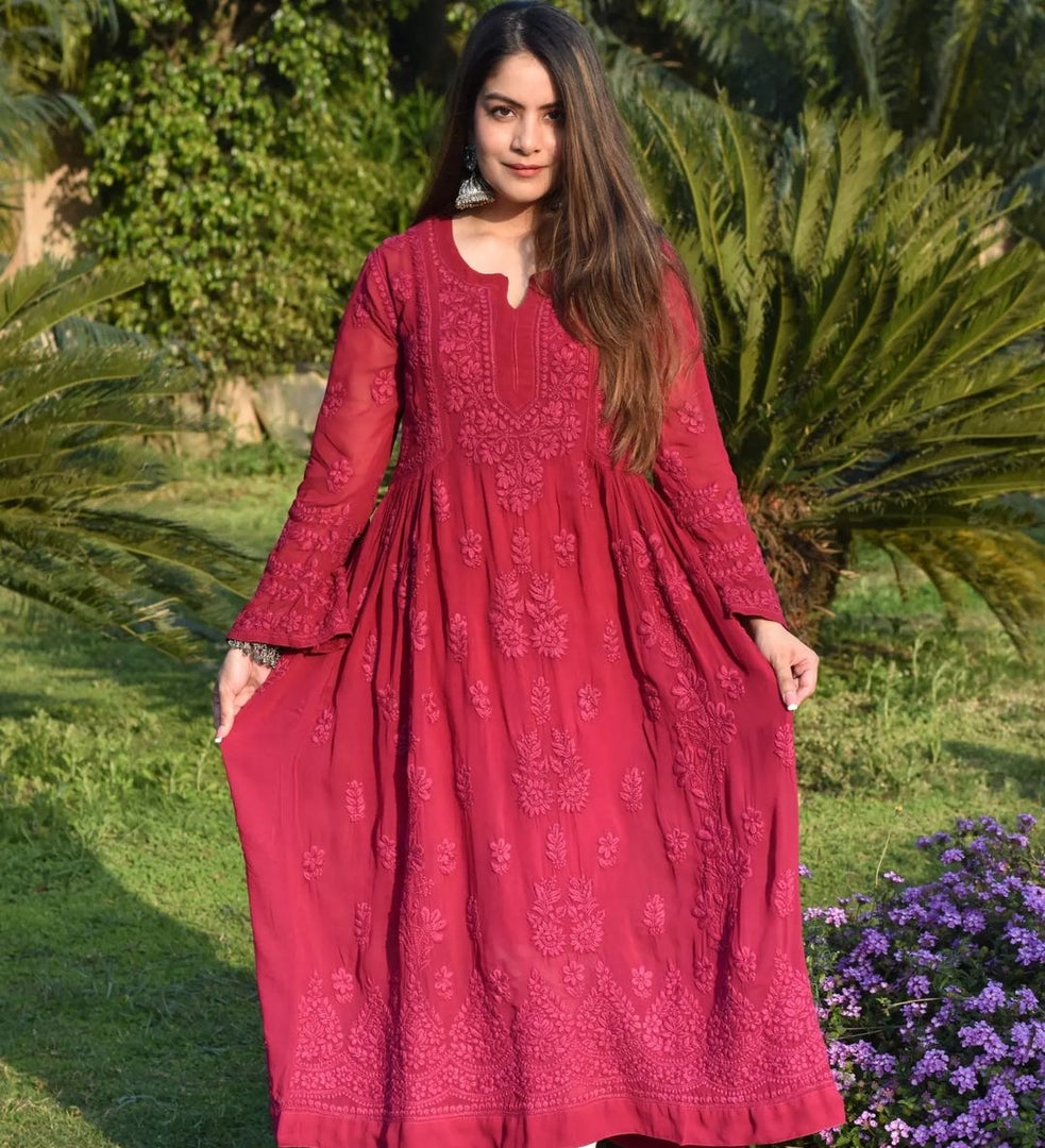 Sneh Premium Viscose Chikankari Gown Maroon