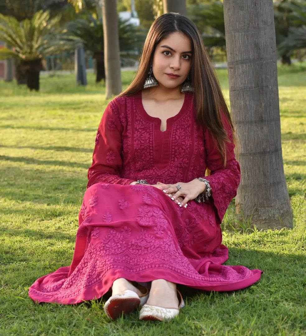 Sneh Premium Viscose Chikankari Gown Maroon L