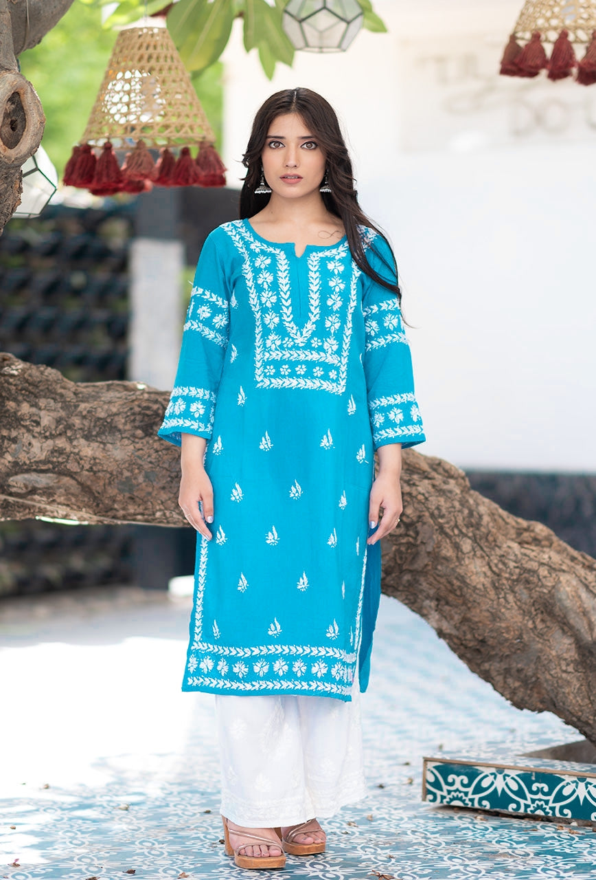 Malhar Rayon Long Chikankari Kurta Firozi-Blue