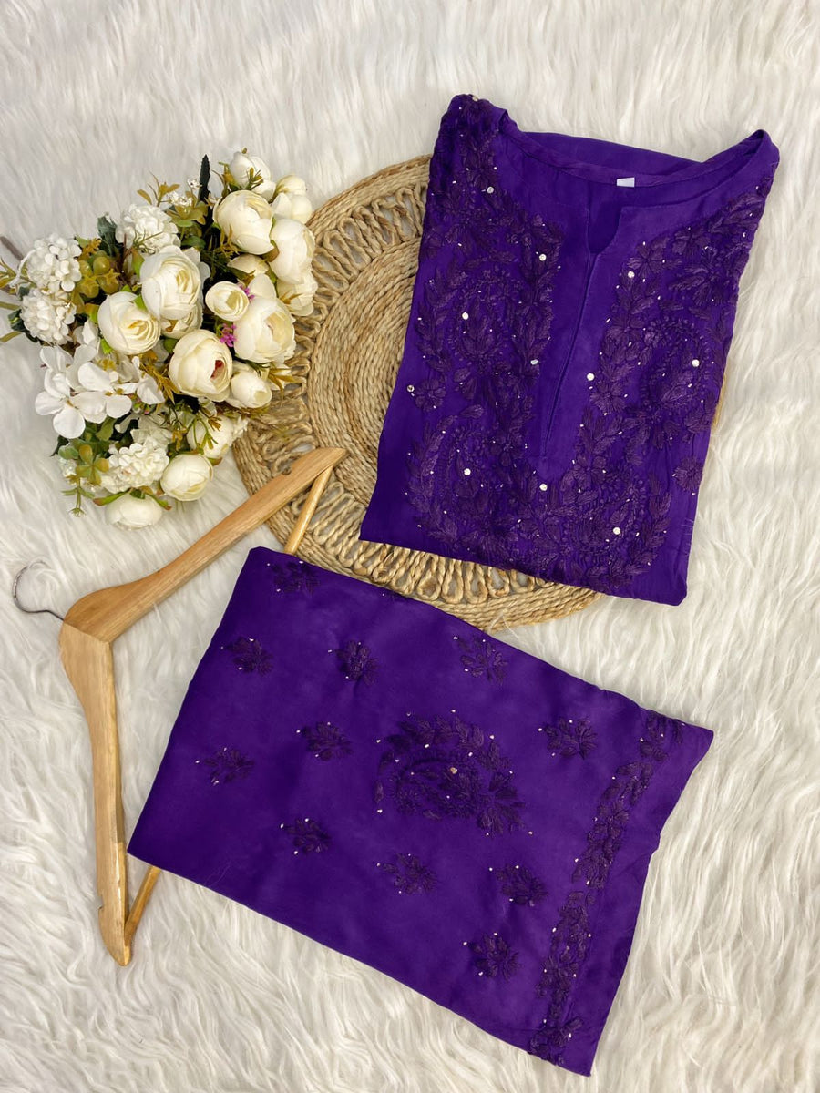 Ulfat Rayon Mukaish Chikankari Kurti & Pallazo Set Purple