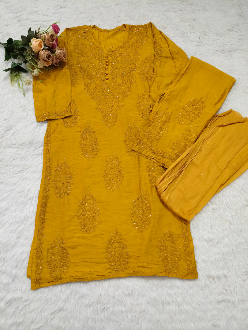Polki Chanderi Mukaish Chikankari Suit Set - The Lucknowi Chikan 