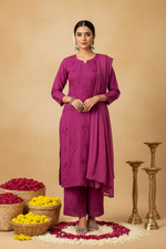Load image into Gallery viewer, Bhumi Chanderi Chikankari Suit Set Plum