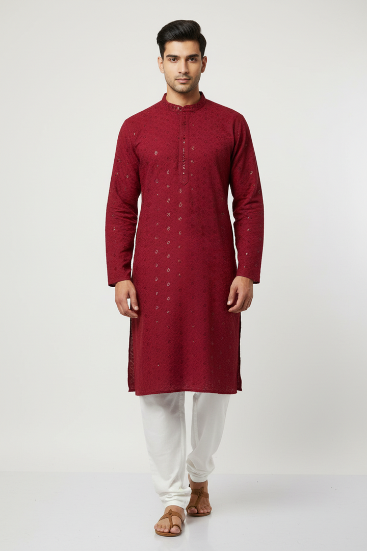 Nawab Mens Straight Machine Chikankari Kurta & Pyjama Set - The Lucknowi Chikan 