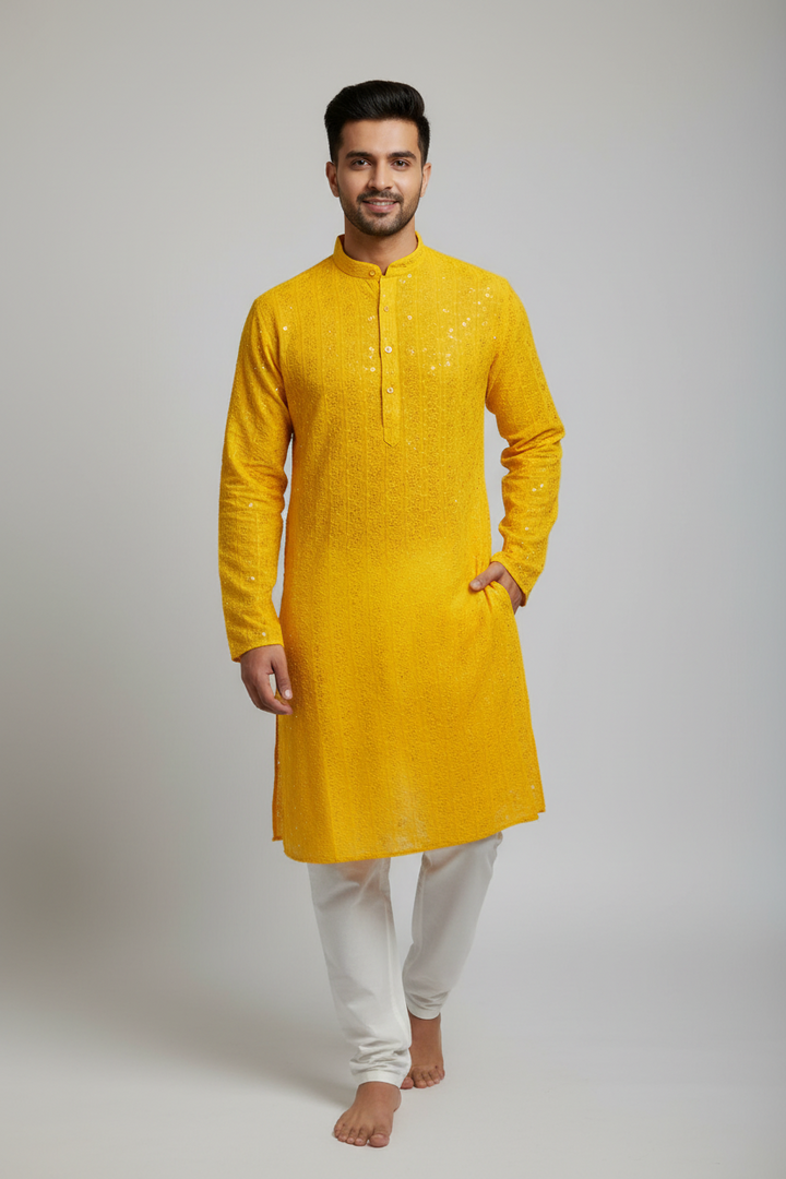 Nawab Mens Straight Machine Chikankari Kurta & Pyjama Set - The Lucknowi Chikan 
