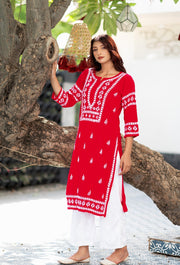 Malhar Rayon Long Chikankari Kurta Red 2XL