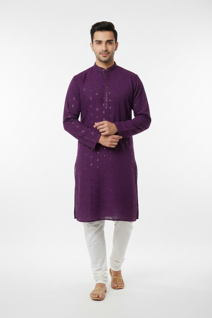 Nawab Mens Straight Machine Chikankari Kurta & Pyjama Set - The Lucknowi Chikan 