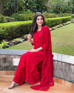 Load image into Gallery viewer, Surmai Premium Chikankari Viscose Mukaish Kurti Set Red
