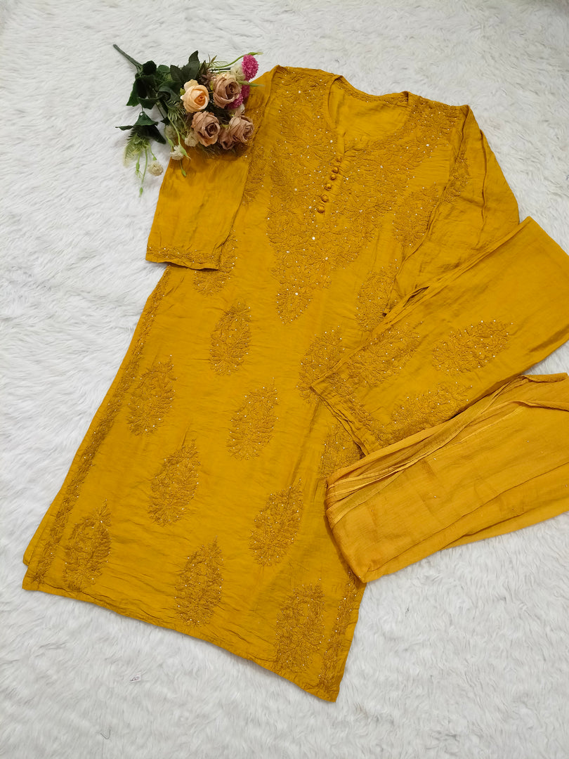 Polki Chanderi Mukaish Chikankari Suit Set - The Lucknowi Chikan 