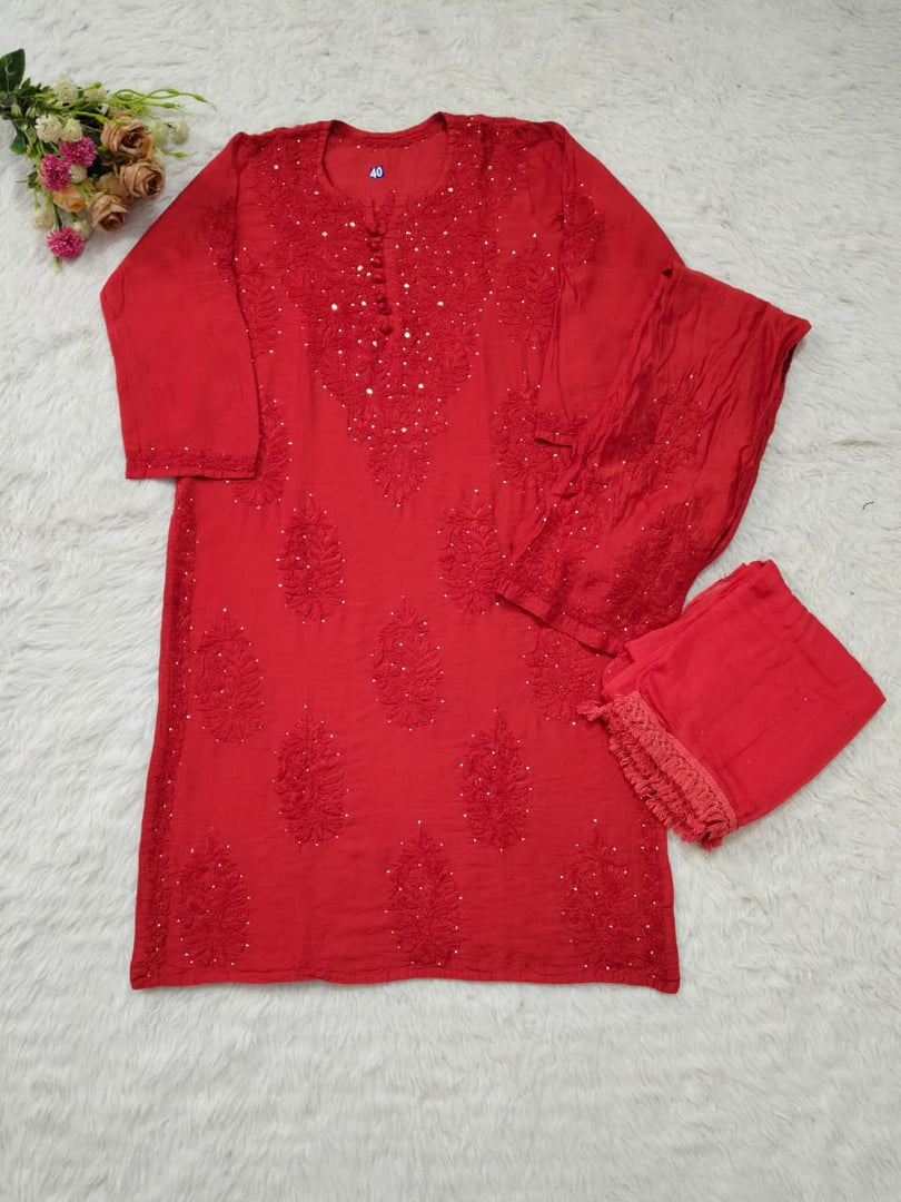 Polki Chanderi Mukaish Chikankari Suit Set - The Lucknowi Chikan 