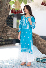 Malhar Rayon Long Chikankari Kurta Firozi-Blue L