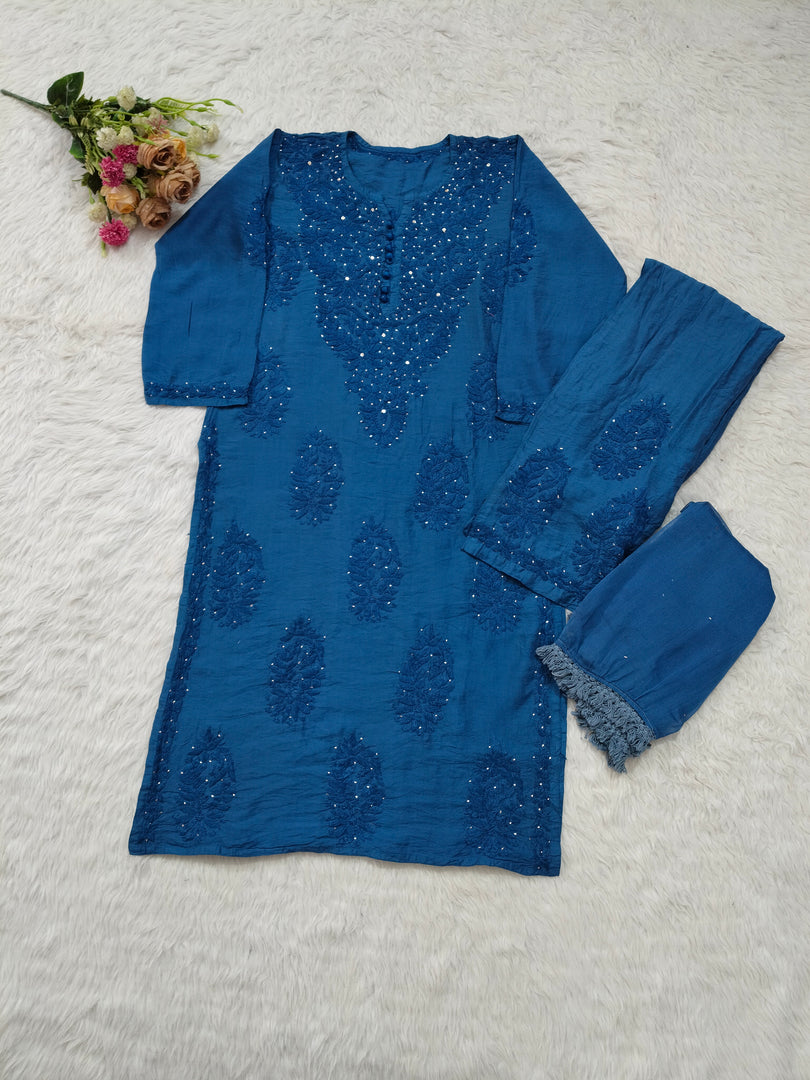 Polki Chanderi Mukaish Chikankari Suit Set - The Lucknowi Chikan 