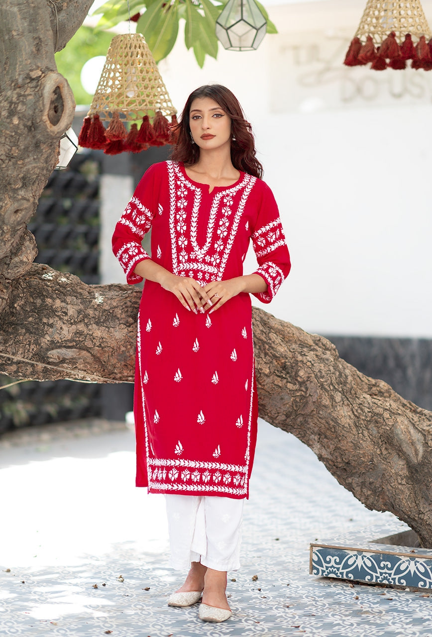 Malhar Rayon Long Chikankari Kurta Red