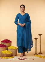 Load image into Gallery viewer, Polki Chanderi Mukaish Chikankari Suit Set - The Lucknowi Chikan 