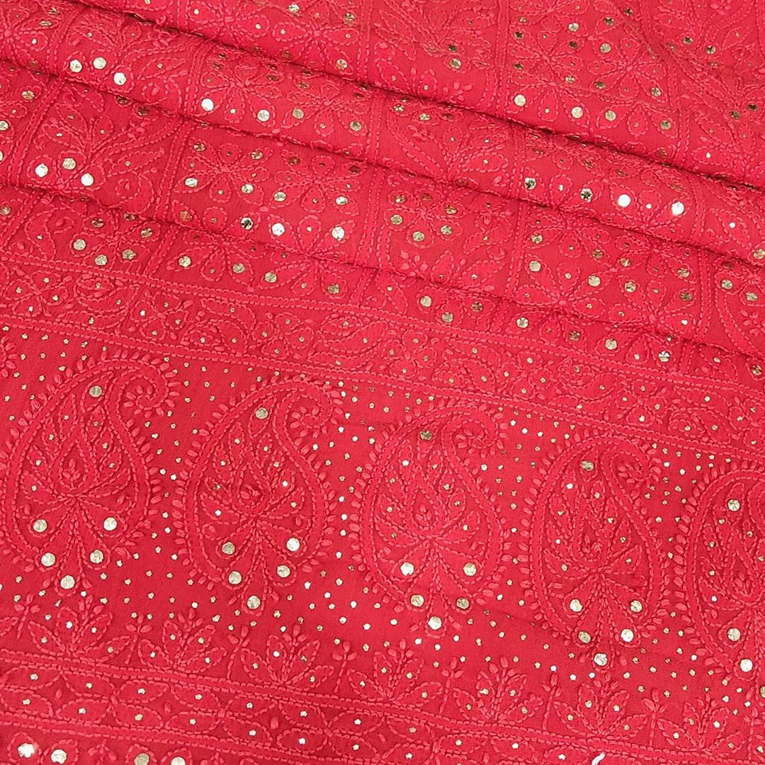 Noorie Chikankari Mukaish Kurta Fabric Red
