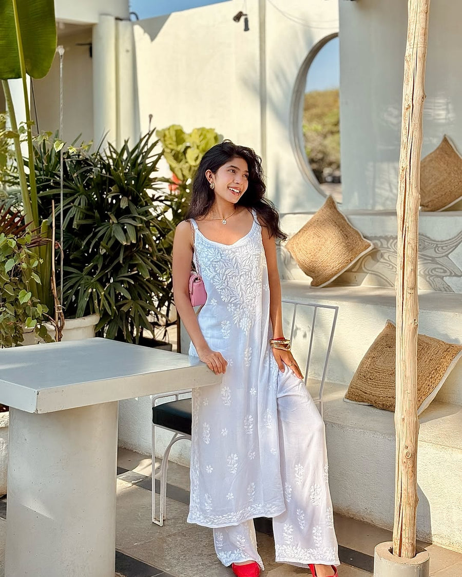 Parinoor Chanderi Cotton Chikankari Kurti Set