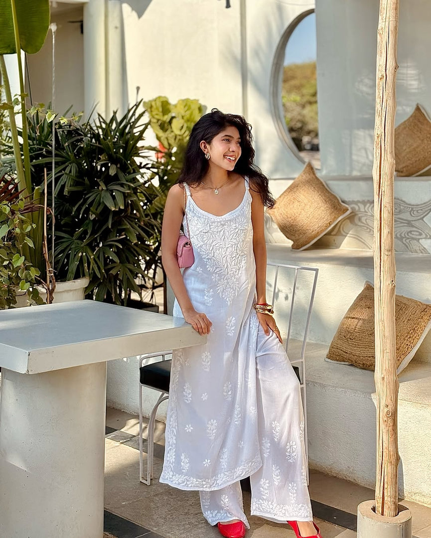 Parinoor Chanderi Cotton Chikankari Kurti Set