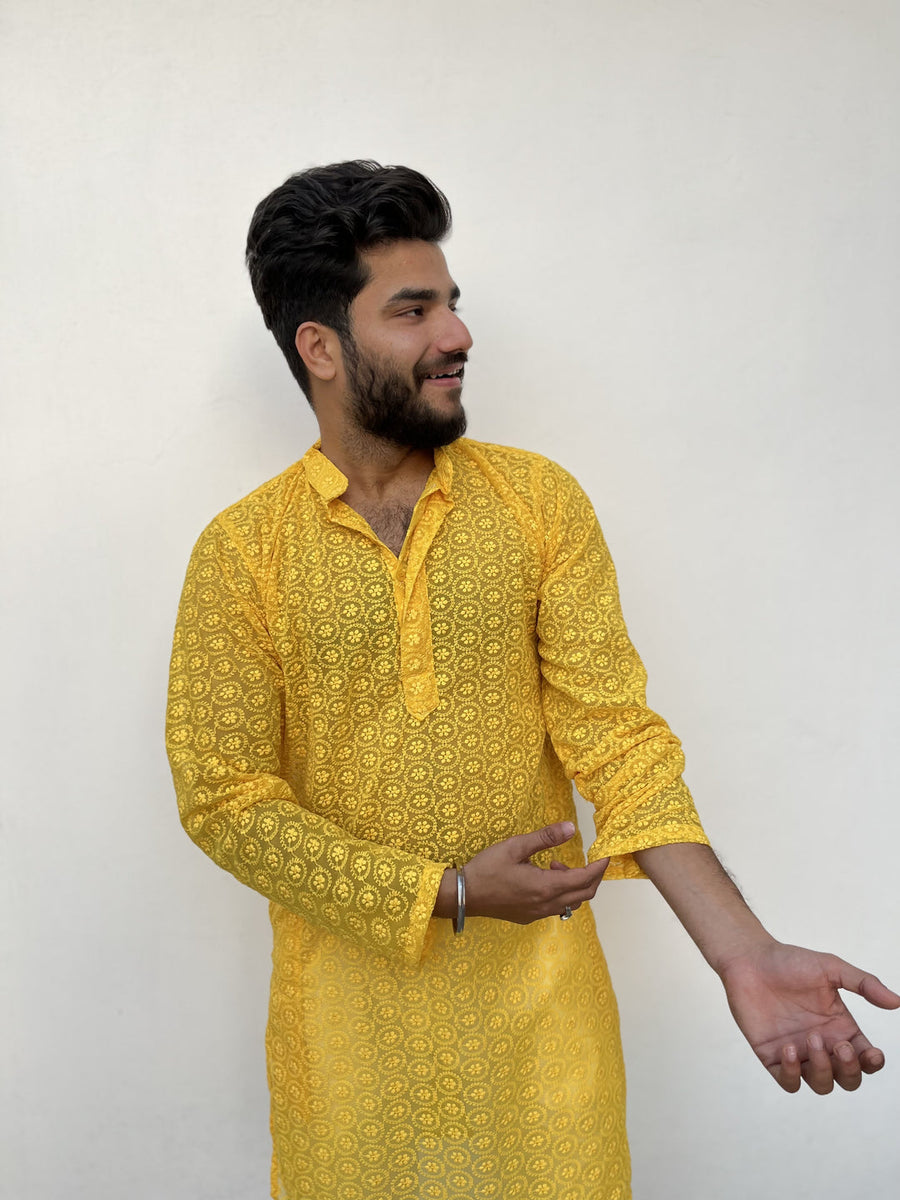 Nawab Mens Straight Machine Chikankari Kurta & Pyjama Set Yellow