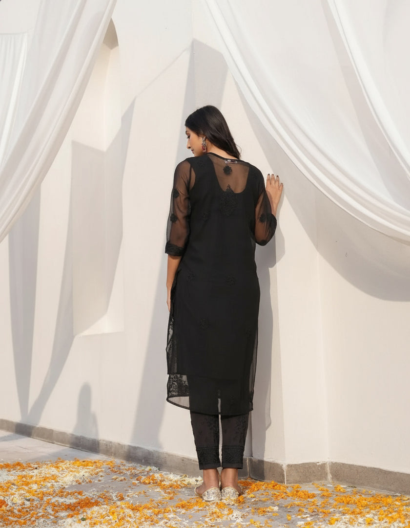 full black chikankari dress Black Chikankari Kurti: Lucknow Anarkali Slit Dress