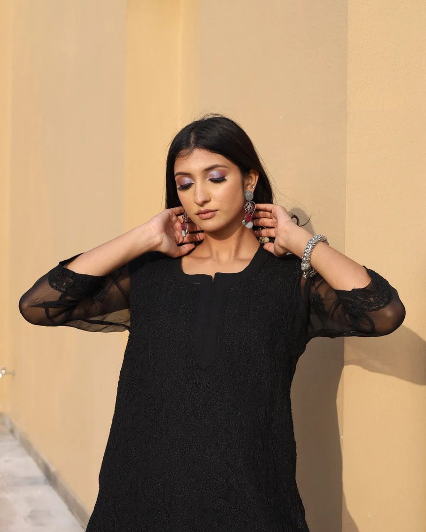 Zara Black Georgette Chikankari Long Kurti The Lucknowi Chikan Zara Black Georgette Chikankari Long Kurti The Lucknowi Chikan